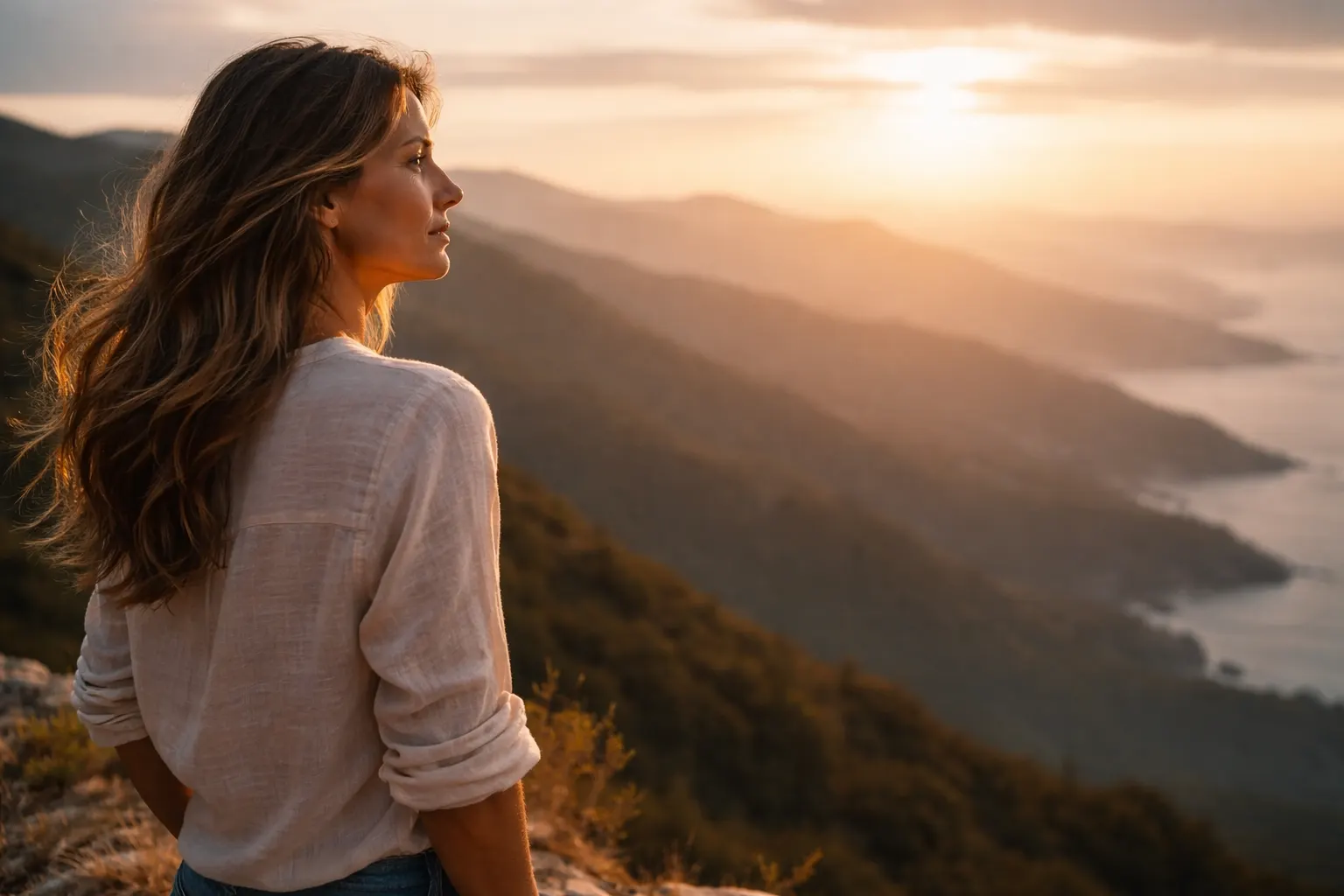 Eine Frau blickt vom Berg über Meer und Küste in den Sonnenaufgang